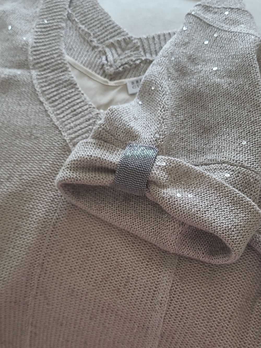 Brunello Cucinelli Taupe Sequin Knit V-Neck Maxi Dress - Picture 4 of 11